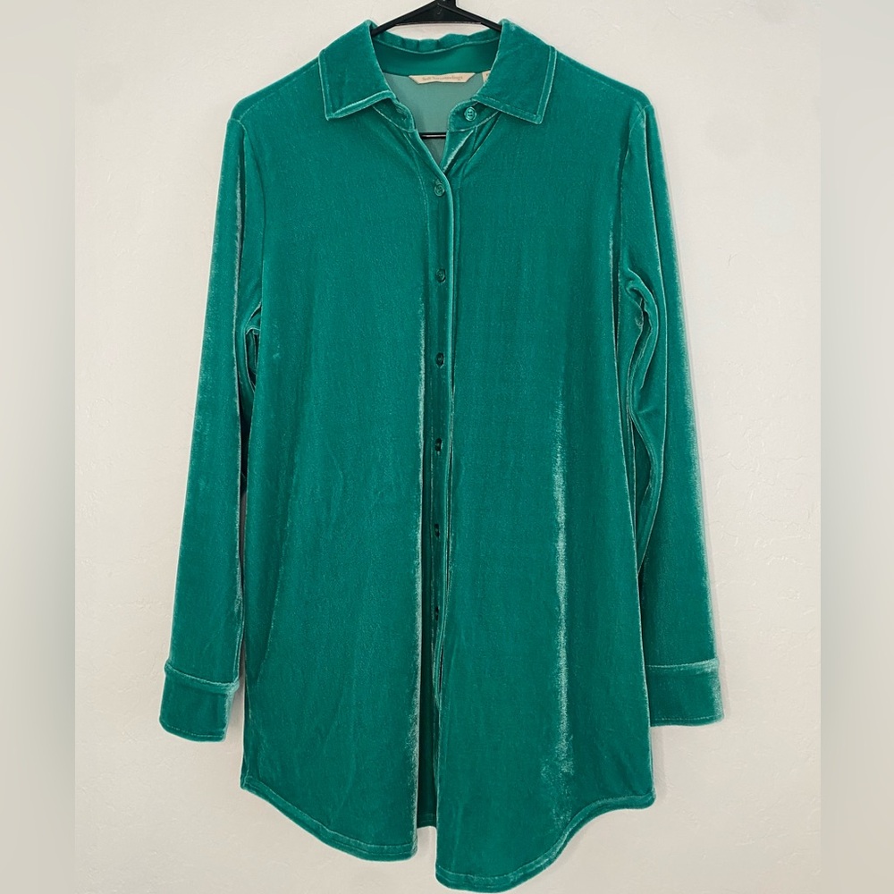(23)Soft Surroundings Teal Velvet Shirt Women XS Boyfriend Comfort Relaxed Fit